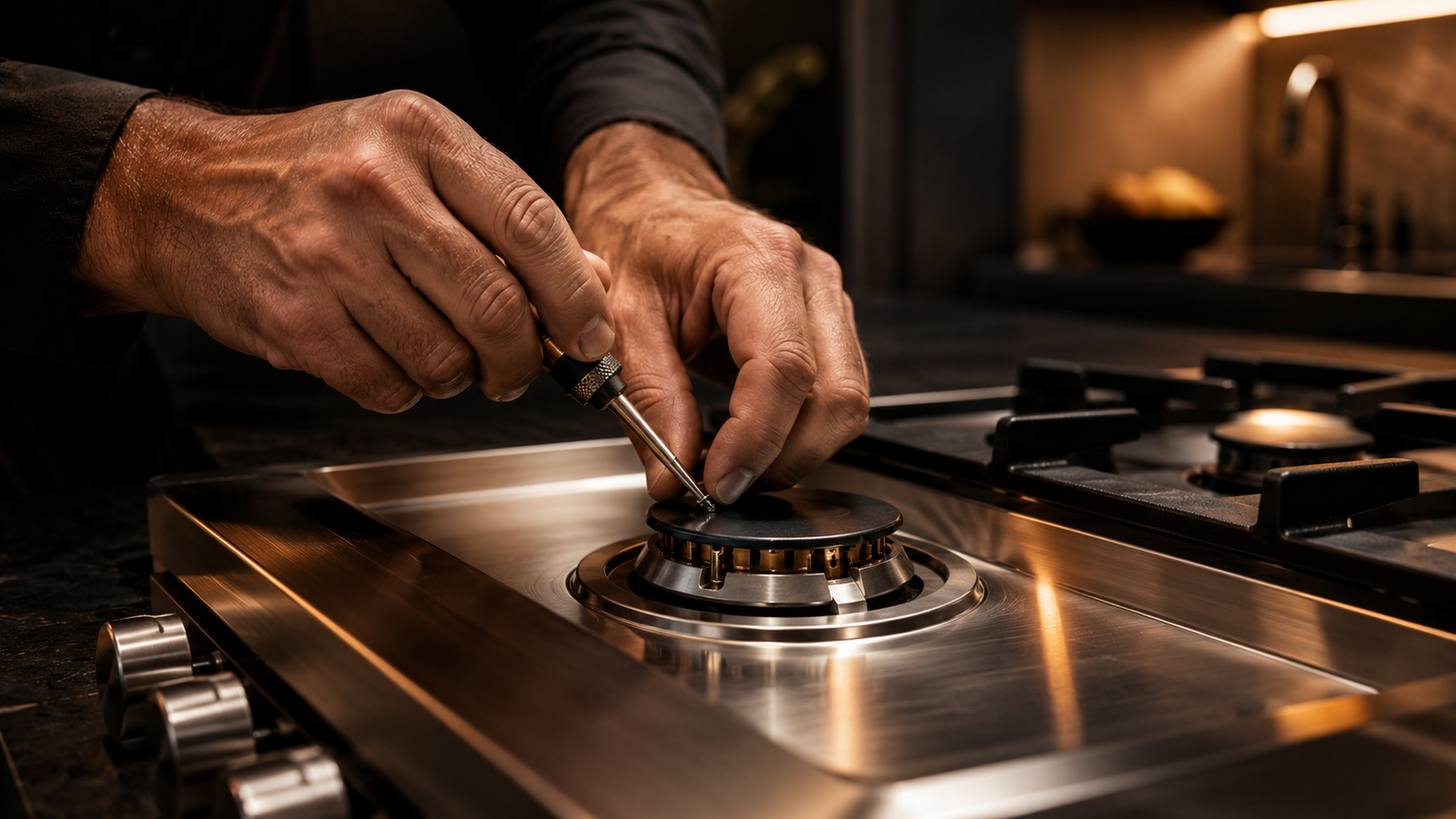 Técnico realizando manutenção em cooktop