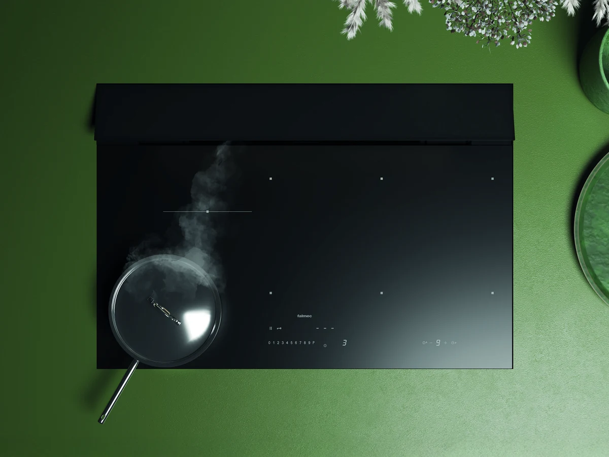 Cooktop de indução Falmec com coifa integrada em bancada verde